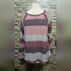 Truself XL Multicolored Striped Crew Neck Sweater Button Accents